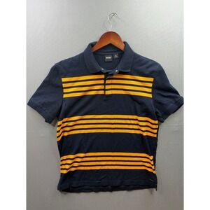 BOSS Hugo Boss Polo Shirt Mens Navy Blue Orange Striped Pique Knit Medium